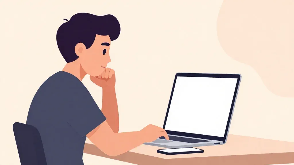 شاب قاعد على مكتب قدام لابتوب، وحاطط إيده على دقنه وبيفكر، وجنب اللابتوب موبايل.