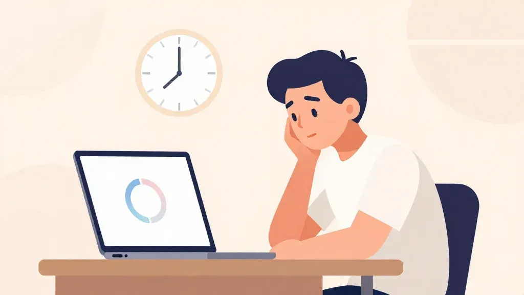شاب قاعد قدام لابتوب وحاطط إيده على خده ومزهق، والشاشة عليها علامة تحميل بس، ووراه ساعة على الحيطة.